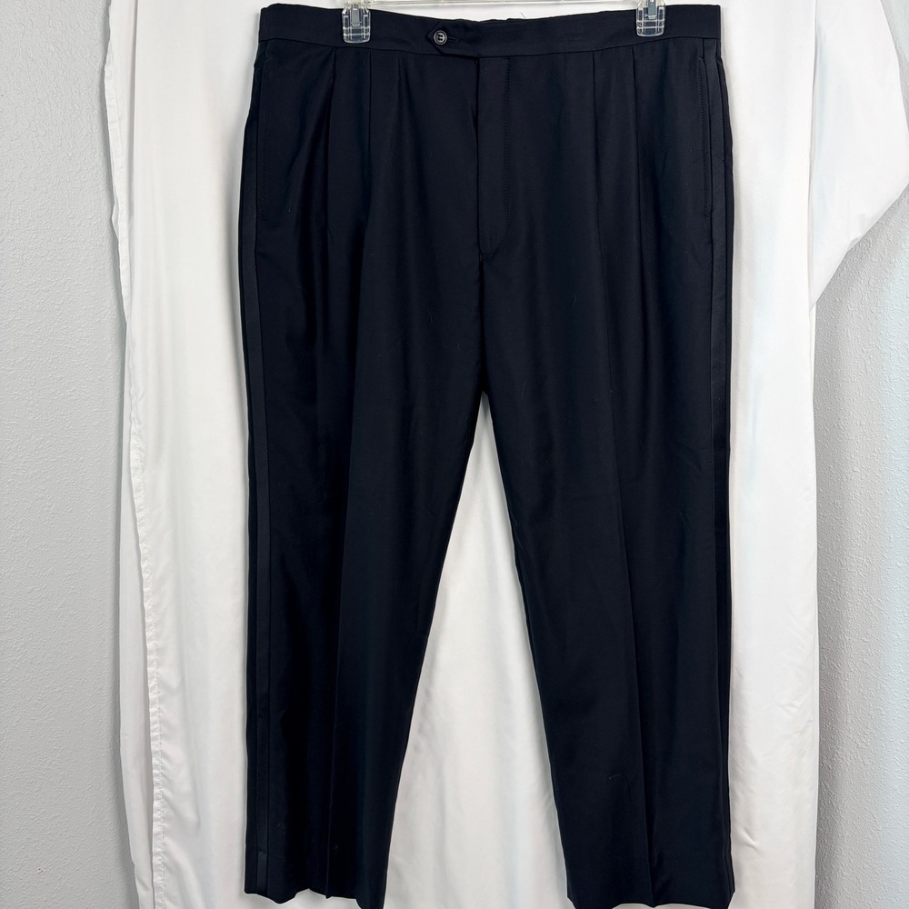 Jos A Bank Tuxedo Wool Side Stripe Pleated Suspender Button Pants 39 RG Black